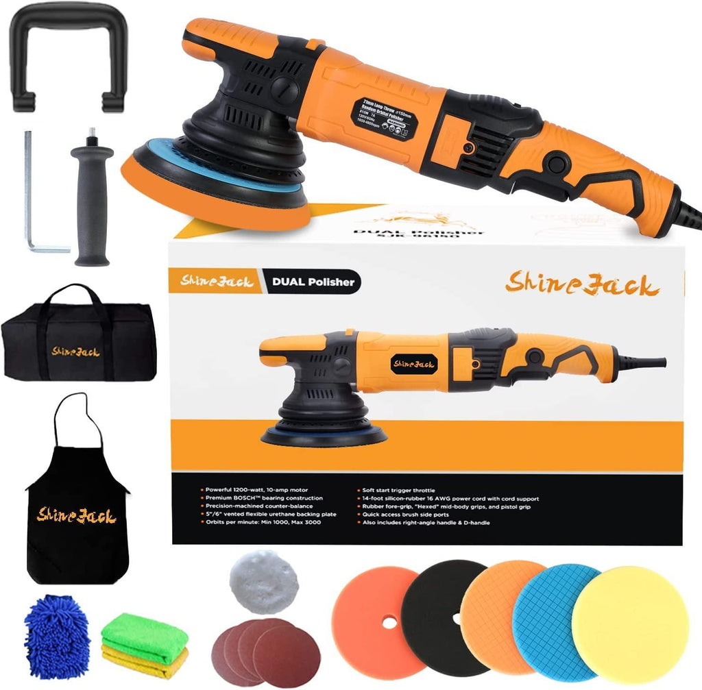 ShineJack 2:1 dual Polisher Car Buffer Polisher, 1200W/12A Dual Action Polisher with Variable Speed, Long-Throw Orbital Polisher for Car Detailing (1000-3000r)