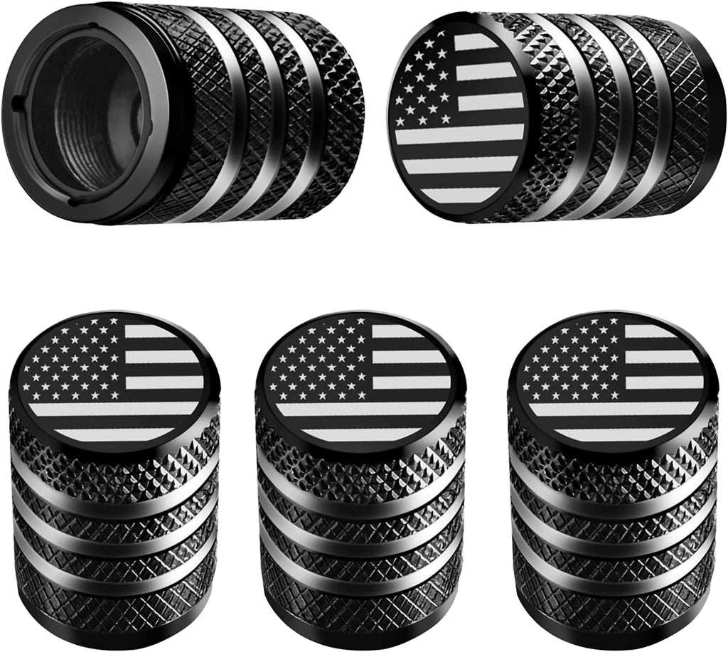 Tire Valve Stem Cap Cover - (5 Pack) Tire Air Cap Metal with Plastic Liner Corrosion Resistant Leak-Proof American Flag for Car Truck Motorcycle Bike Black