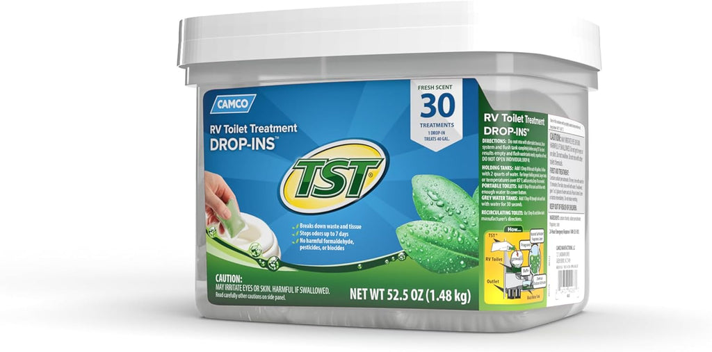 Camco TST MAX RV Toilet Treatment Drop-INs - Control Unwanted Odors & Break Down Waste and Tissue - Safe Septic Tank Treatment - Orange Scent, 30-Pack (41183)