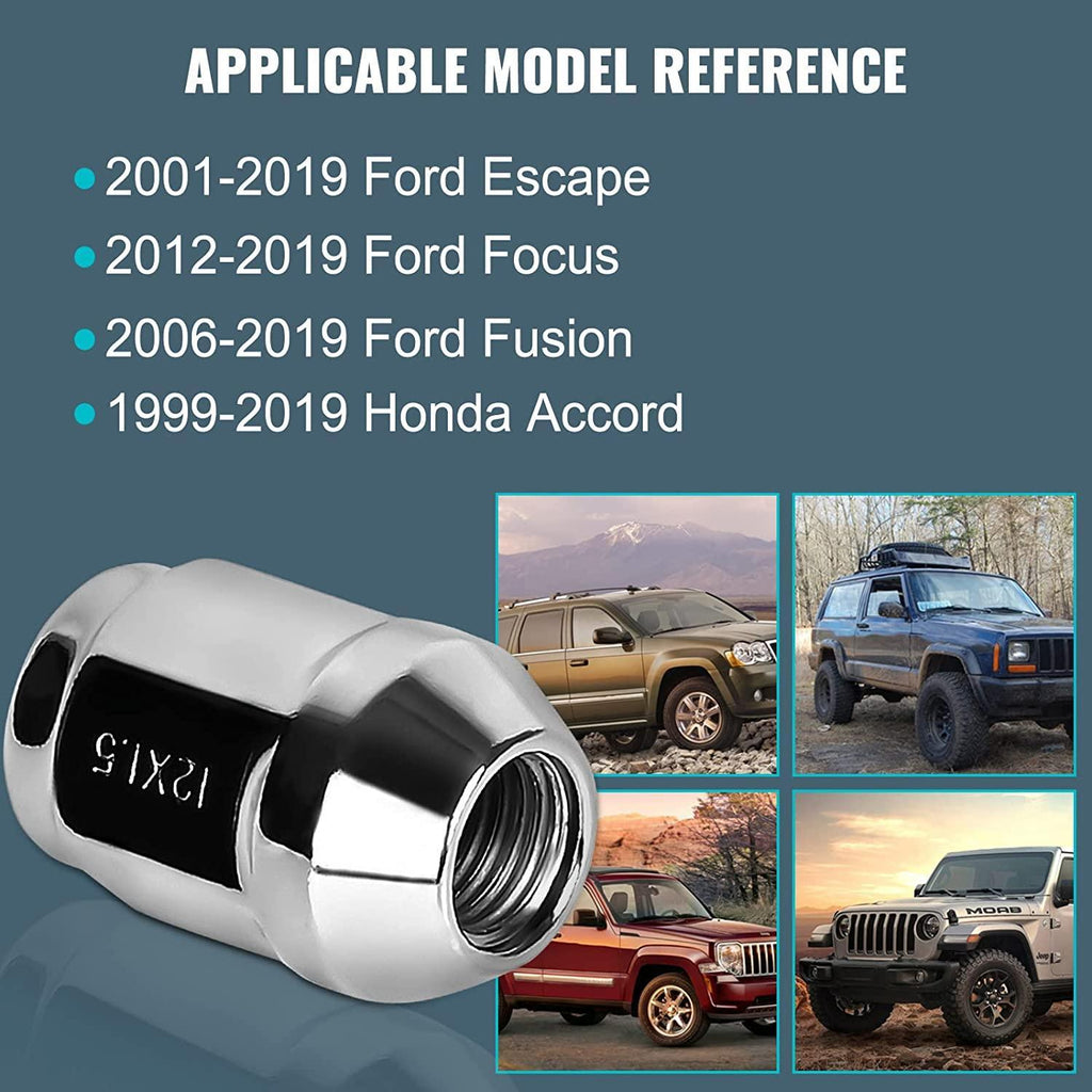 ZOFFI 20PCS M12x1.5 Chrom Lug Nuts - Replacement for 2006-2019 Ford Fusion, 2012-2018 Ford Focus, 2002-2006 Acura MDX, 2004-2008 Acura TLX Aftermarket Wheel - 1.38" Long, 13/16" Hex