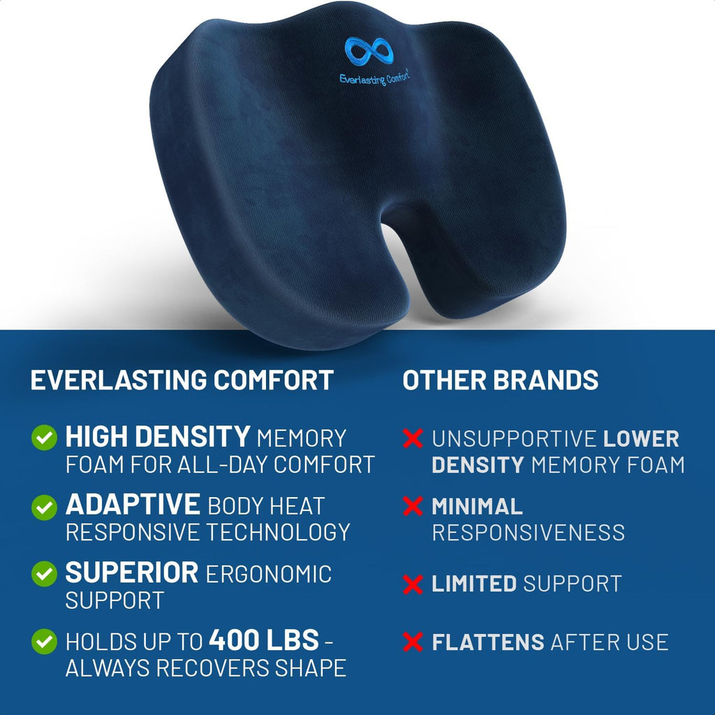 Everlasting Comfort Doctor Recommended Memory Foam Seat Cushion for Office Chairs & Car Seat - Ergonomic Office Desk Accessories for Tailbone Pain Relief, Sciatica & Back Support