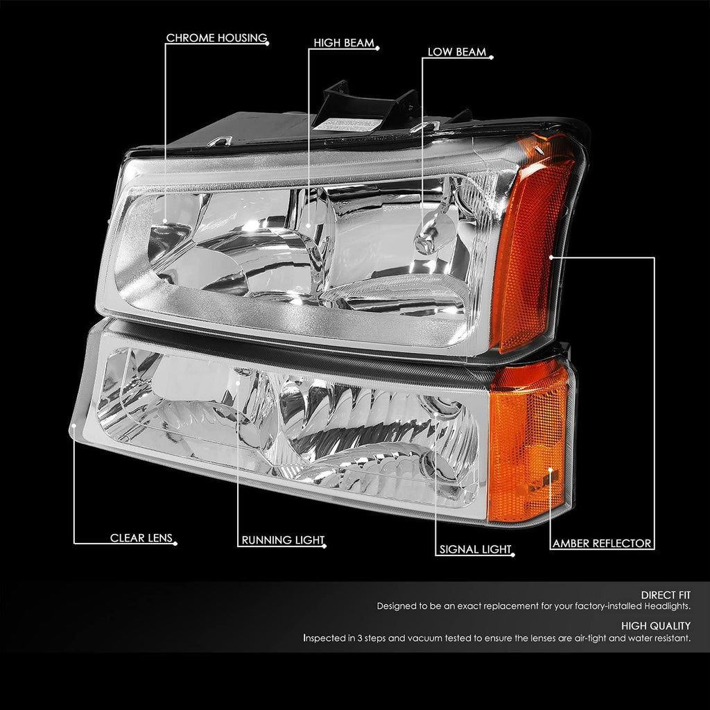 DNA MOTORING HL-OH-CS03-4P-CH-AM Chrome Amber Headlights Compatible with 2003-2006 Chevy Silverado / Avalanche