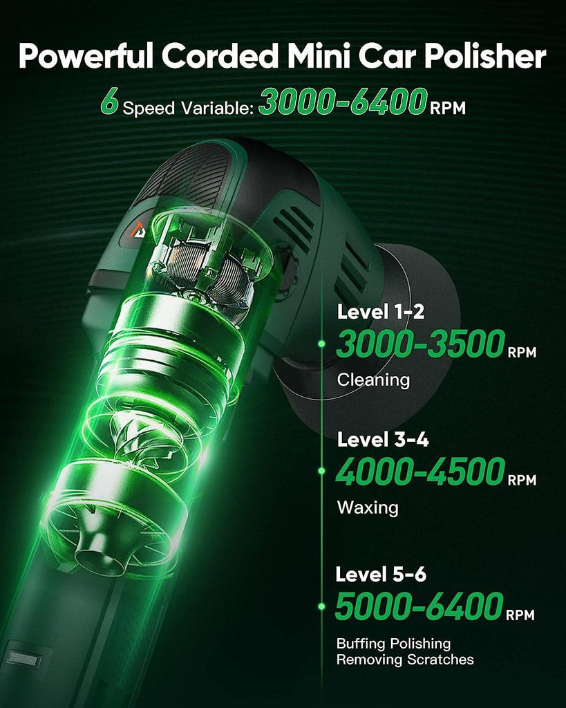 3 inch Car Buffer Polisher, Aiment Oribtal Mini Polisher, 6 Variable Speed 3000-6400RPM Dual-action Car buffer for Car & Motorcycles Detailing Hard to Reach Areas Polishing