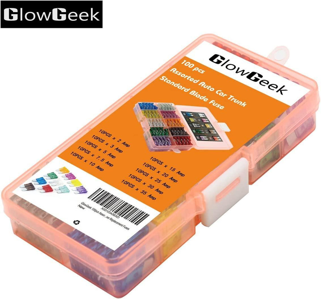 GlowGeek 100pcs Assorted Auto Car Truck Standard Blade Fuse Assortment 2A 3A 5A 7.5 A 10A 15A 20A 25A 30A 35A Car Boat Truck SUV Automotive Replacement Fuses