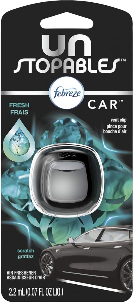 Febreze Unstopables Car Odor-Fighting Car Freshener Vent Clip Fresh Scent, .07 oz. Car Vent Clip, Pack of 4 (Packaging may vary)