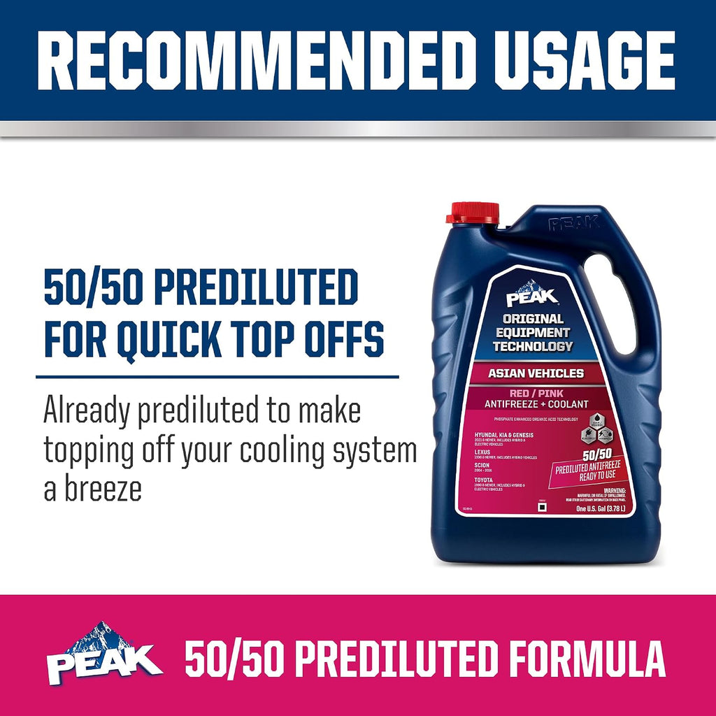 PEAK OET Extended Life Red/Pink 50/50 Prediluted Antifreeze/Coolant for Asian Vehicles, 1 Gal. (Pack of 2)