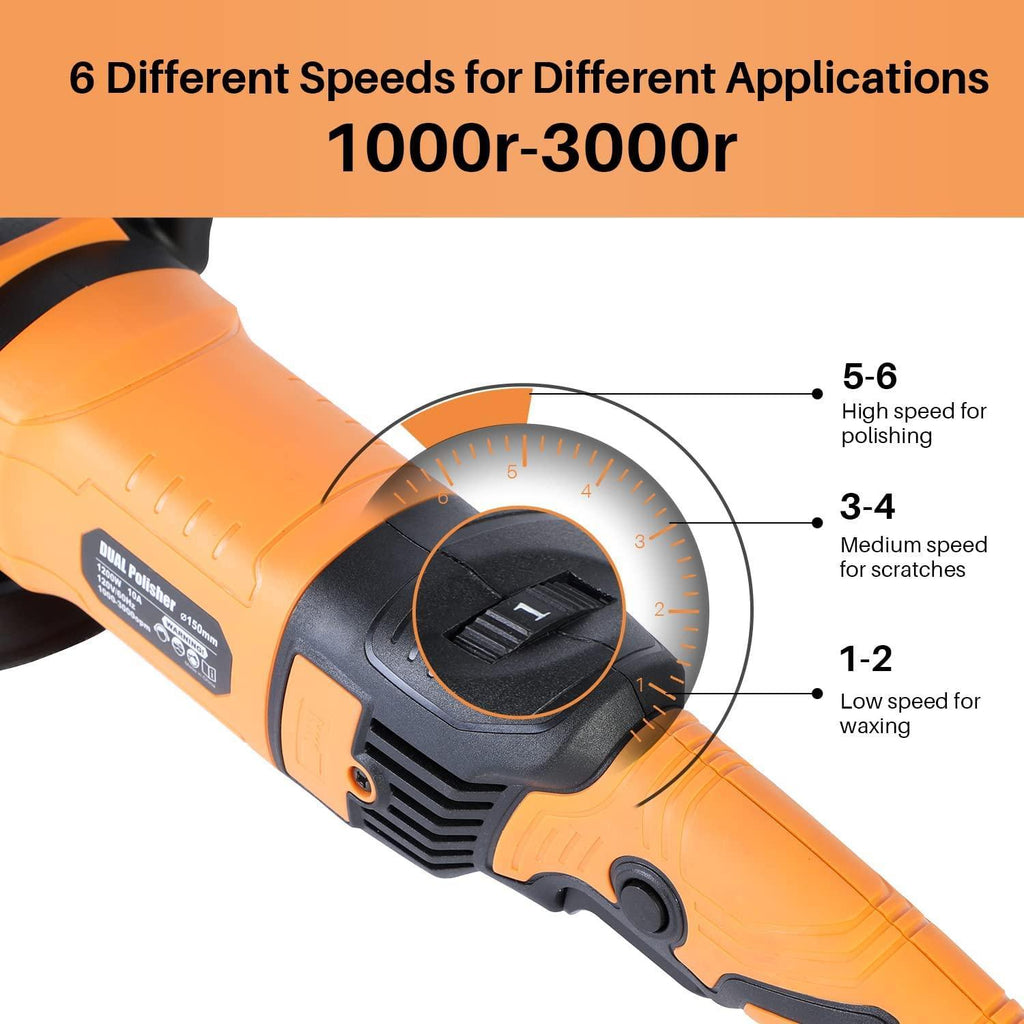 ShineJack 2:1 dual Polisher Car Buffer Polisher, 1200W/12A Dual Action Polisher with Variable Speed, Long-Throw Orbital Polisher for Car Detailing (1000-3000r)