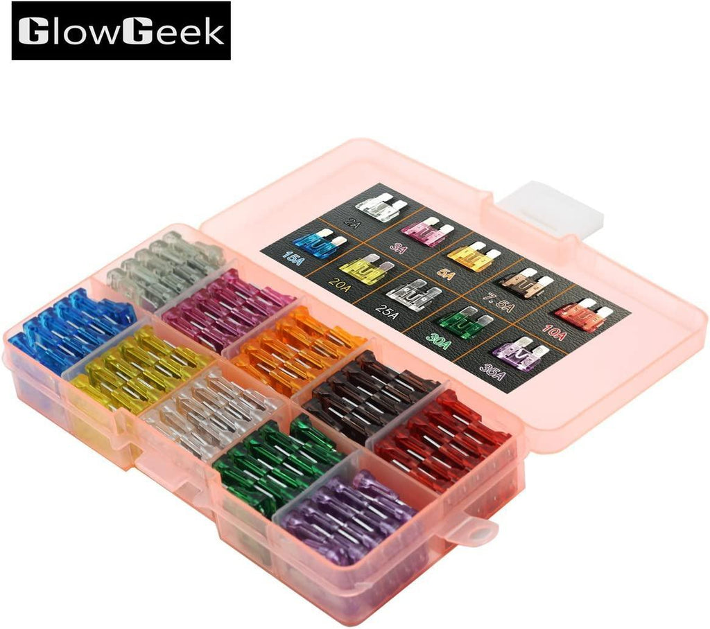 GlowGeek 100pcs Assorted Auto Car Truck Standard Blade Fuse Assortment 2A 3A 5A 7.5 A 10A 15A 20A 25A 30A 35A Car Boat Truck SUV Automotive Replacement Fuses