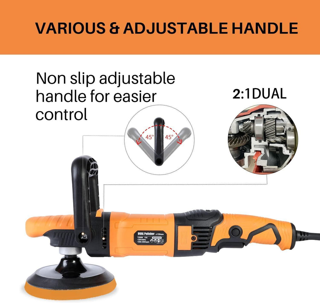 ShineJack 2:1 dual Polisher Car Buffer Polisher, 1200W/12A Dual Action Polisher with Variable Speed, Long-Throw Orbital Polisher for Car Detailing (1000-3000r)
