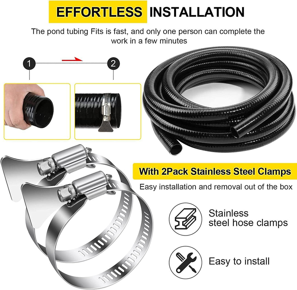 Flexible PVC Pipe2" Dia Black PVC Pipe,2" x25 feet Pool Hose,Spa Hose Tubing for Koi Ponds, Pond Tubing,Irrigation and Water Gardens,With 2PCS Stainless Steel Clamps