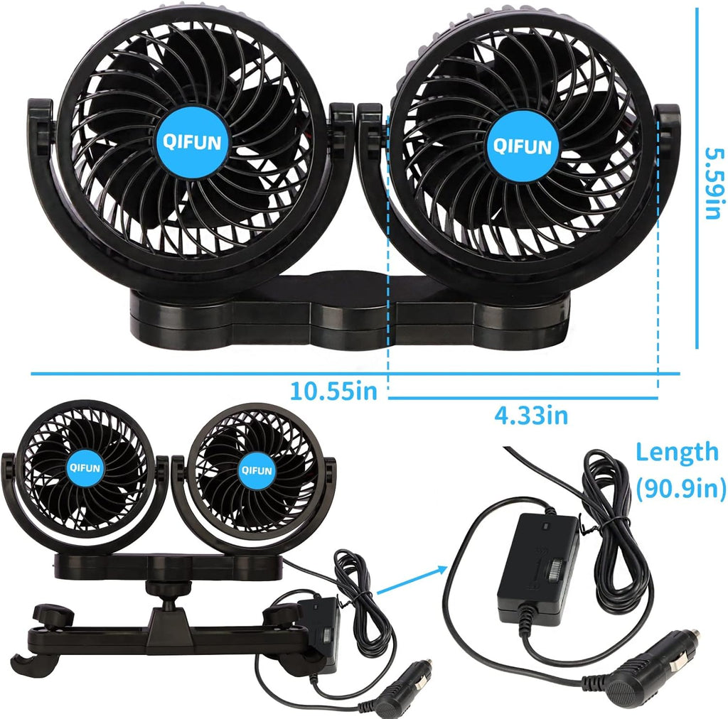 Car Fan Adjustable Dual Head 12V 360° Rotatable 4 Inches Car Clip Fan for Front/Rear Seat Passenger Car Essentials Cooler with Stepless Speed Regulation for Vehicle SUV, RV