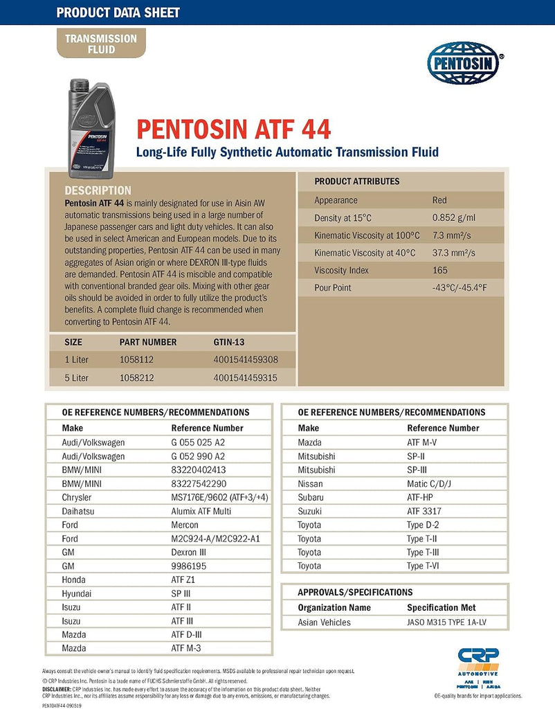 Pentosin 1058212 ATF 44 Long-Life Full Synthetic Automatic Transmission Fluid; 5 Liter