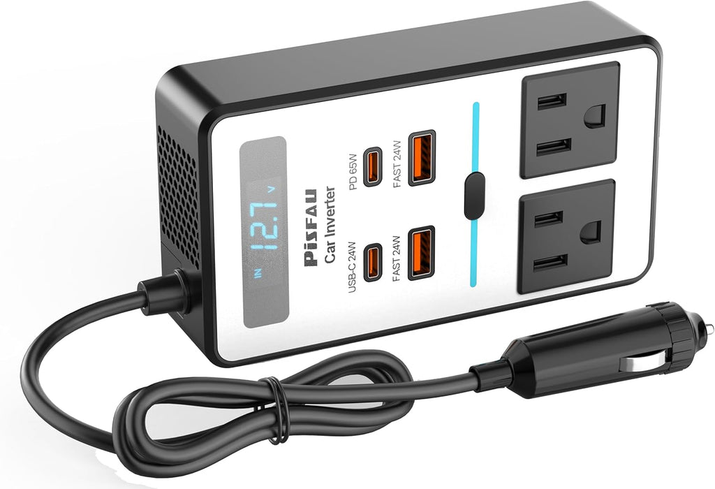 200W Car Power Inverter, PiSFAU DC 12V to 110V AC Car Plug Adapter Outlet with [20W USB-C] /USB-Fast Charger(18W) / 4.8A Dual USB/car Charger for Laptop