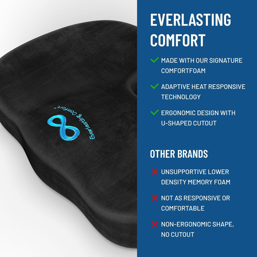 Everlasting Comfort Doctor Recommended Memory Foam Seat Cushion for Office Chairs & Car Seat - Ergonomic Office Desk Accessories for Tailbone Pain Relief, Sciatica & Back Support