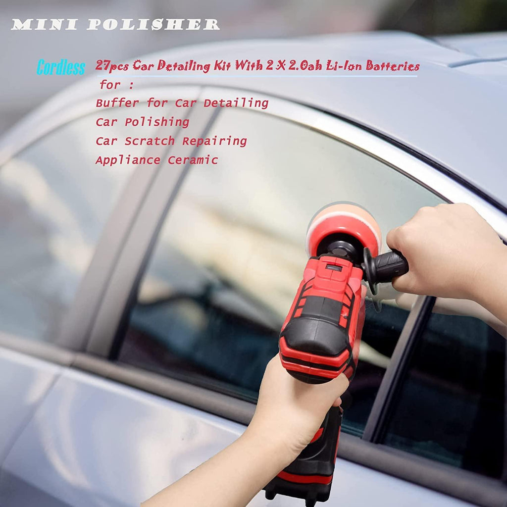 LazyWomen Car Cordless Buffer Polisher Kit, 27pcs Car Detailing Kit with 2 X 2.0ah Li-Ion Batteries, for Buffer for Car Detailing & Car Polishing & Car Scratch Repairing & Appliance Ceramic (red)