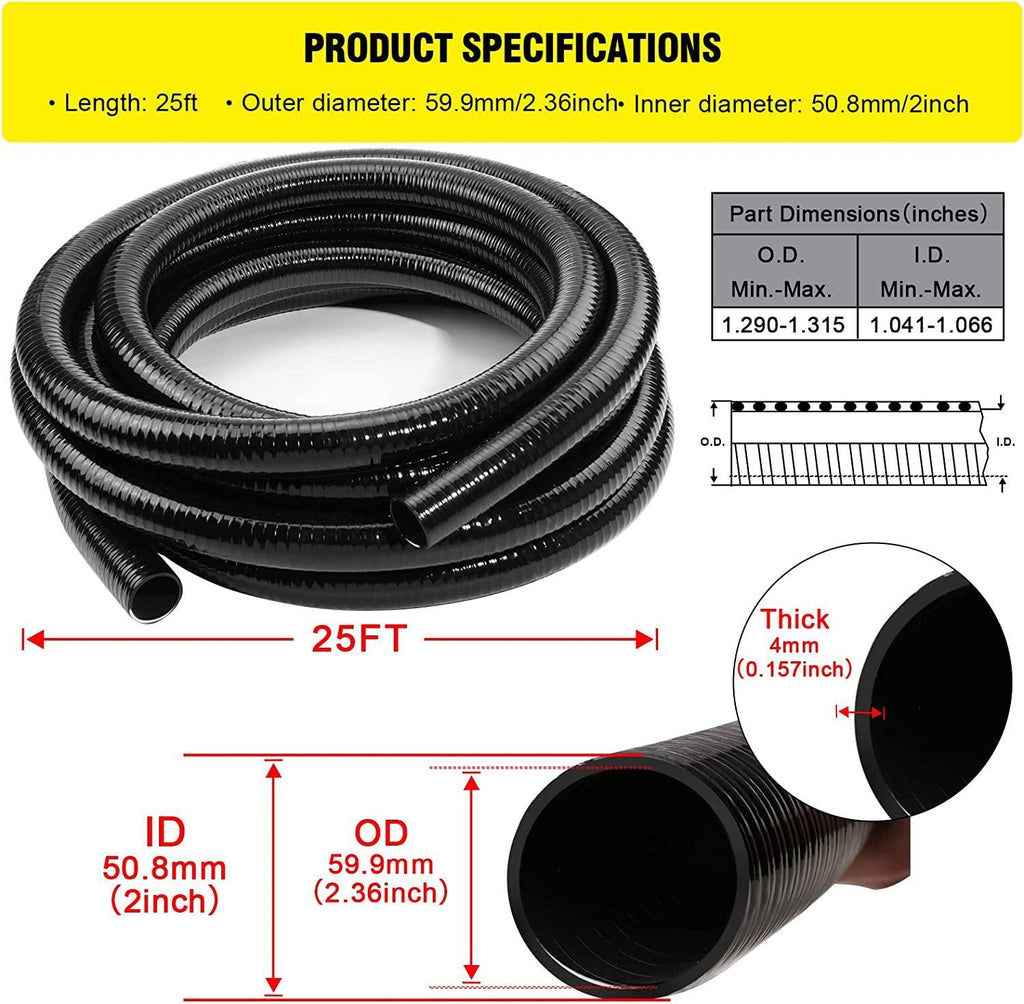 Flexible PVC Pipe2" Dia Black PVC Pipe,2" x25 feet Pool Hose,Spa Hose Tubing for Koi Ponds, Pond Tubing,Irrigation and Water Gardens,With 2PCS Stainless Steel Clamps