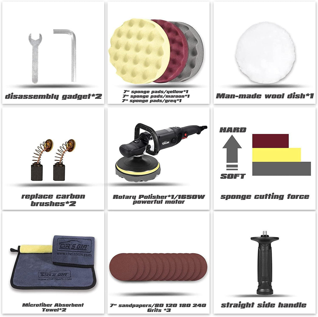 Buffer Polisher, Rotary Polisher Waxer 7inch/1650W, 6 Variable Speed500-3000RPM,Polishing Pad/Sandpaper/Wool Pad/Carbon Brush,For auto detailing lovers