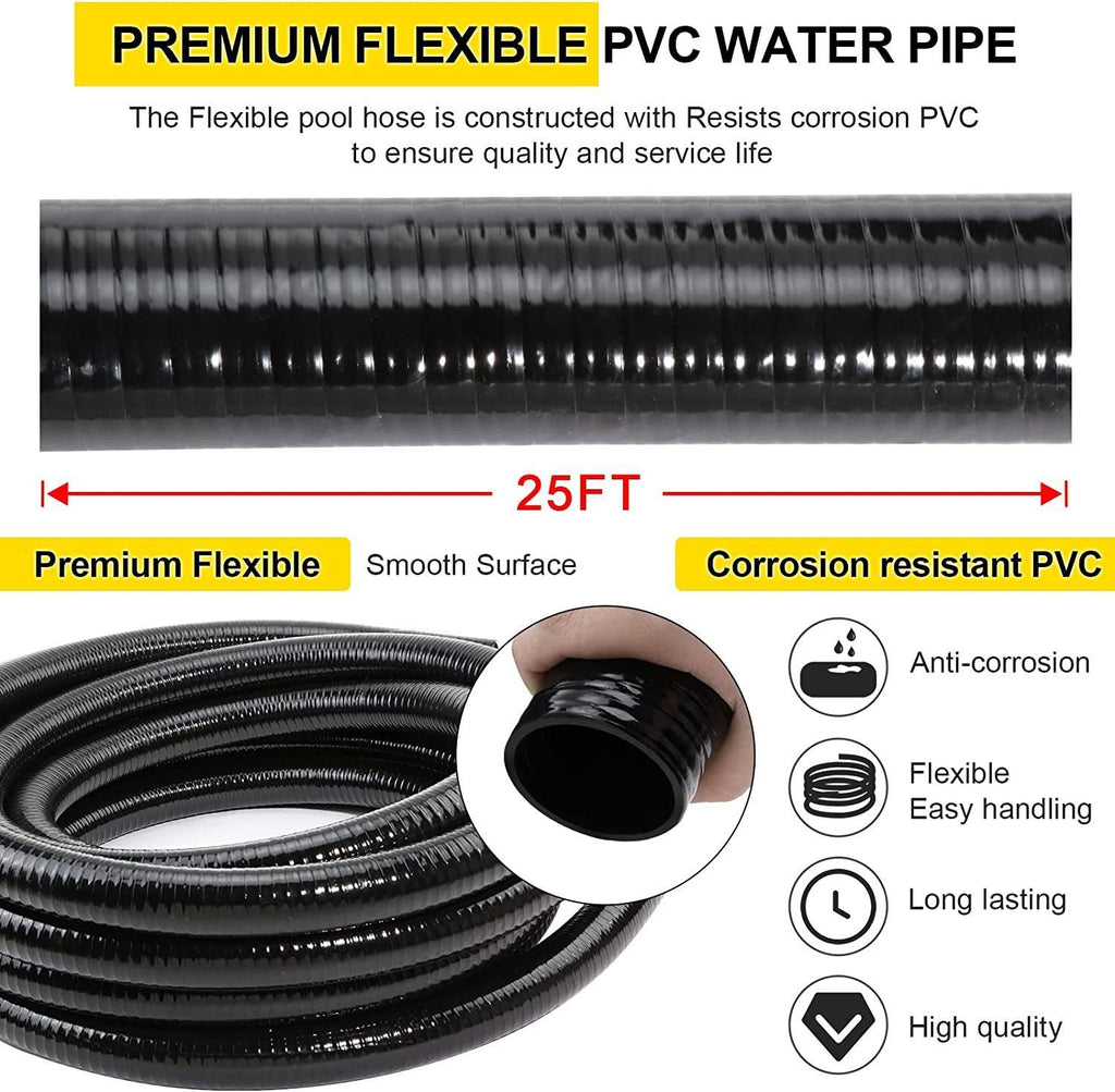 Flexible PVC Pipe2" Dia Black PVC Pipe,2" x25 feet Pool Hose,Spa Hose Tubing for Koi Ponds, Pond Tubing,Irrigation and Water Gardens,With 2PCS Stainless Steel Clamps