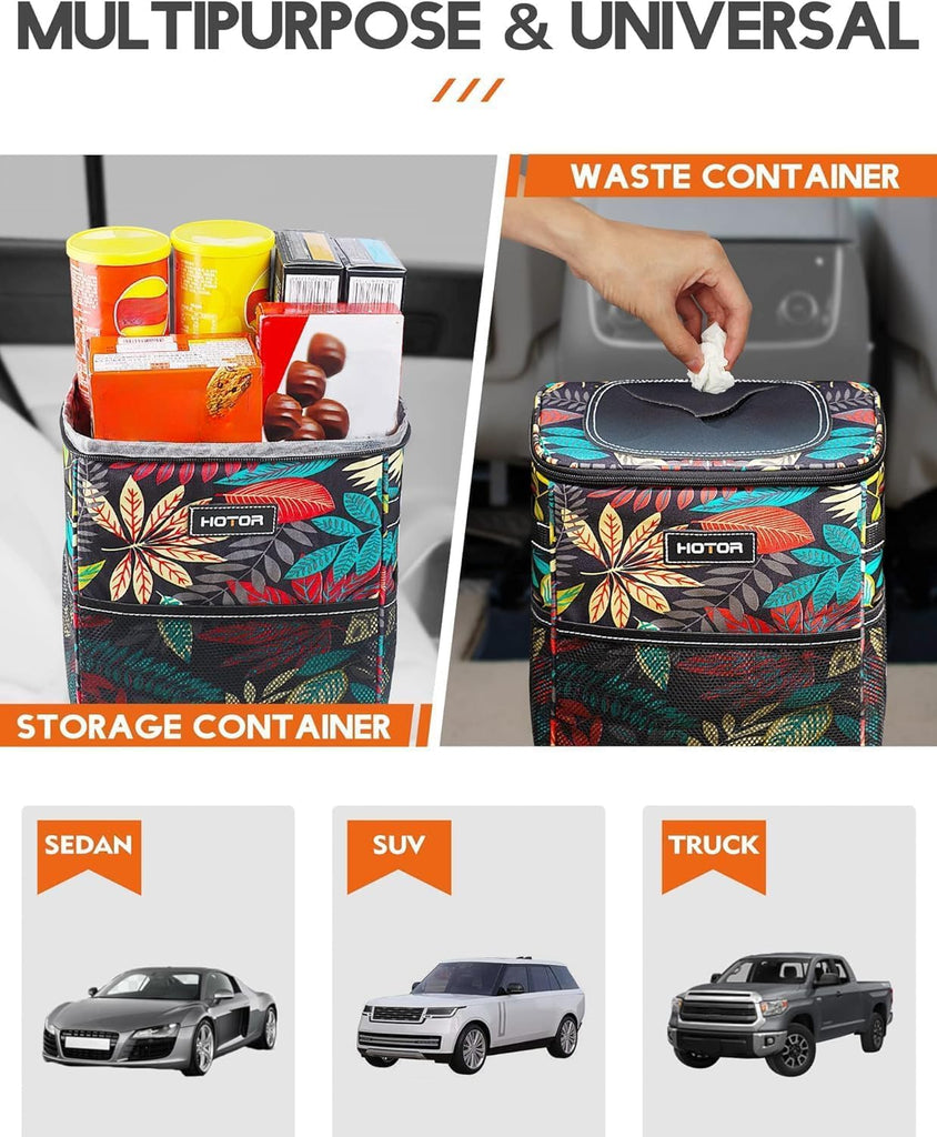 HOTOR Car Trash Can with Lid and Storage Pockets - 100% Leak-Proof Organizer, Waterproof Garbage Can, Multipurpose Trash Bin for Car, 2 Gallons, Black