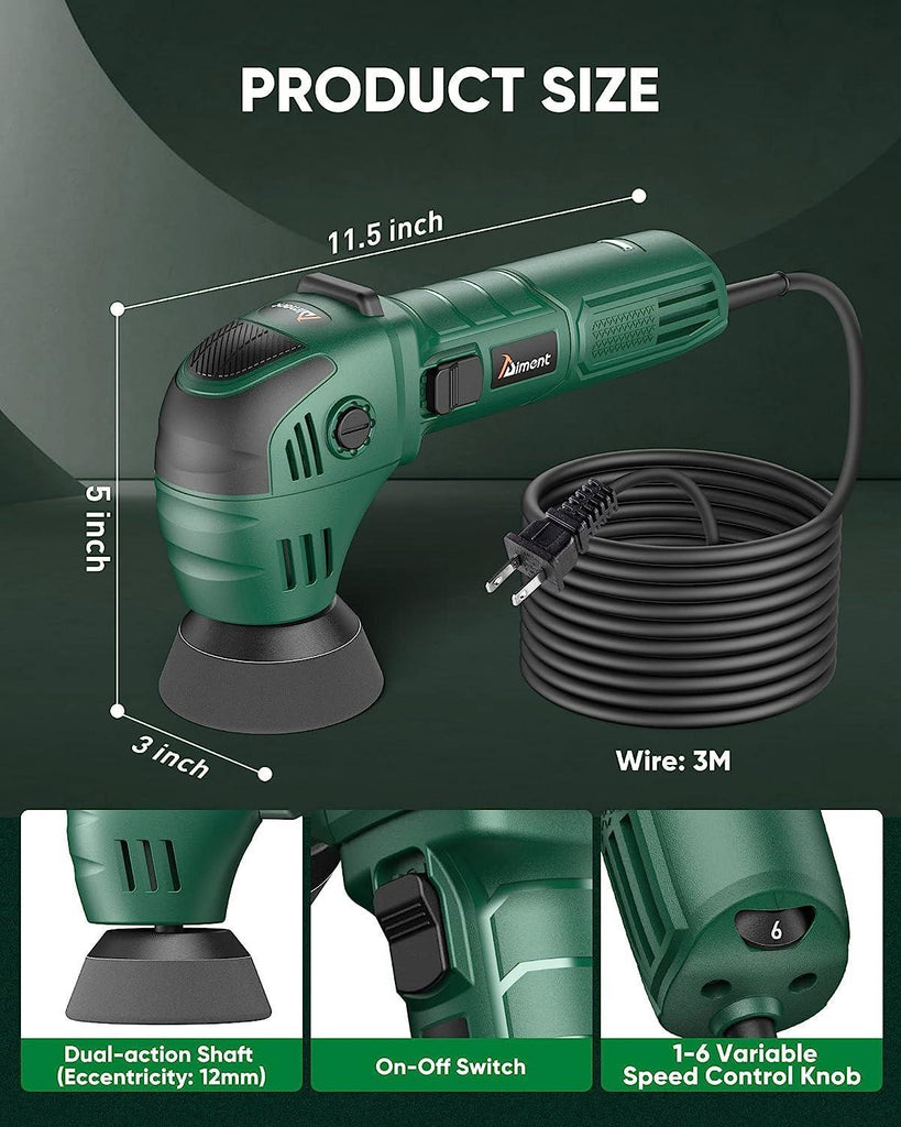 3 inch Car Buffer Polisher, Aiment Oribtal Mini Polisher, 6 Variable Speed 3000-6400RPM Dual-action Car buffer for Car & Motorcycles Detailing Hard to Reach Areas Polishing