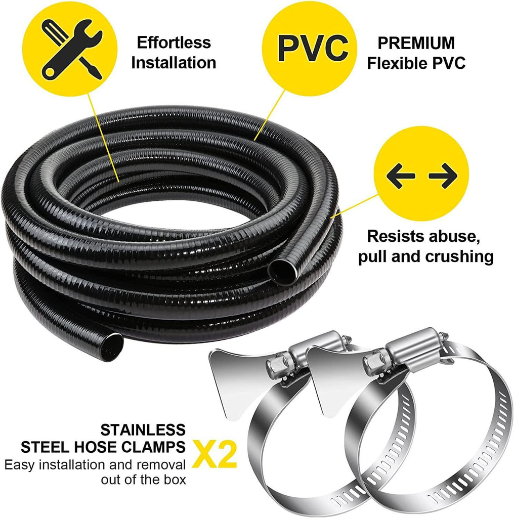 Flexible PVC Pipe2" Dia Black PVC Pipe,2" x25 feet Pool Hose,Spa Hose Tubing for Koi Ponds, Pond Tubing,Irrigation and Water Gardens,With 2PCS Stainless Steel Clamps