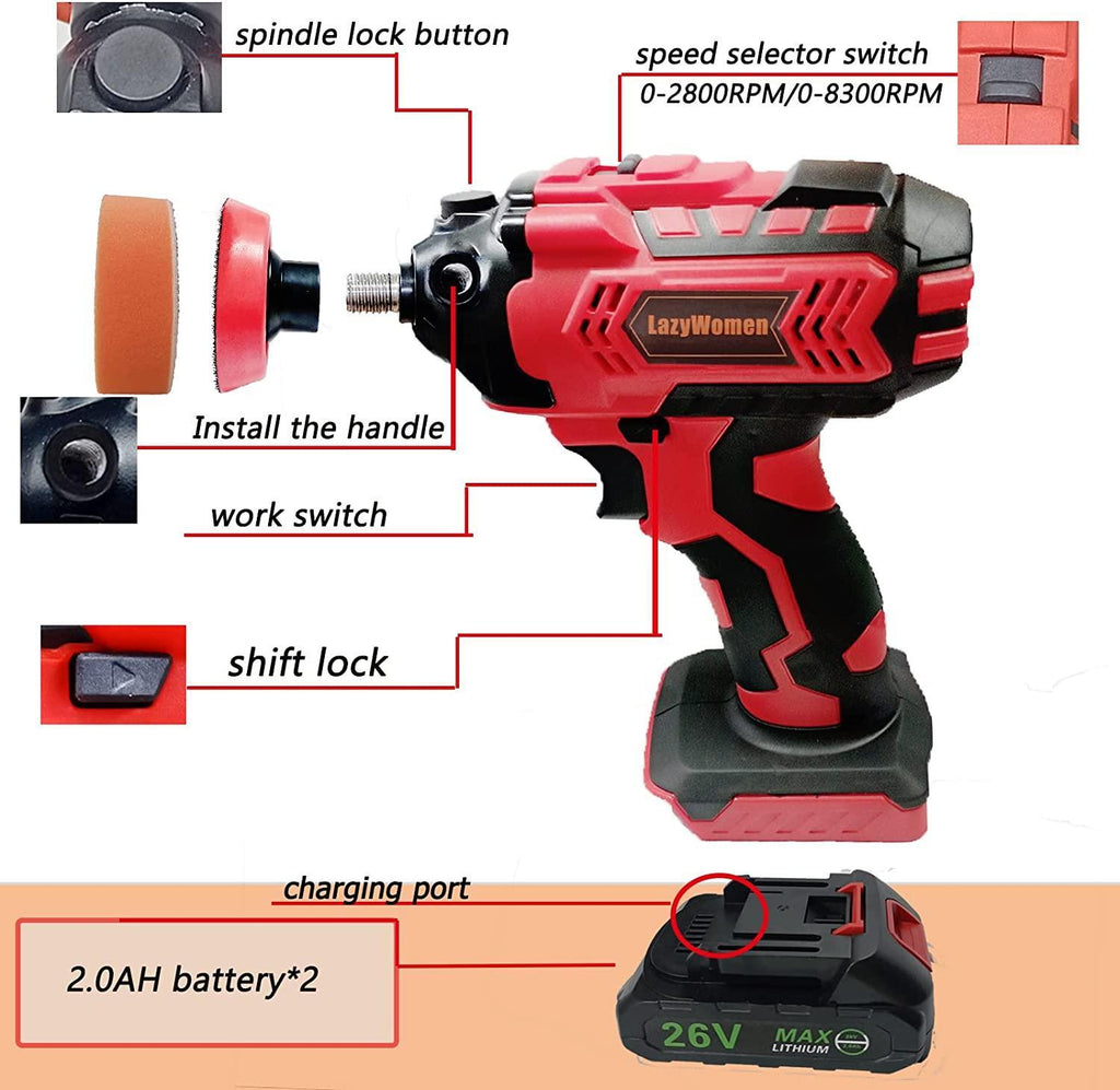 LazyWomen Car Cordless Buffer Polisher Kit, 27pcs Car Detailing Kit with 2 X 2.0ah Li-Ion Batteries, for Buffer for Car Detailing & Car Polishing & Car Scratch Repairing & Appliance Ceramic (red)