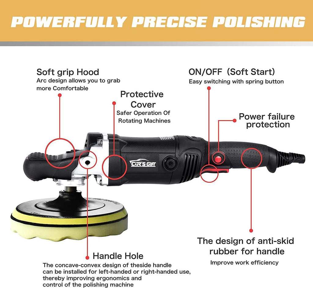 Buffer Polisher, Rotary Polisher Waxer 7inch/1650W, 6 Variable Speed500-3000RPM,Polishing Pad/Sandpaper/Wool Pad/Carbon Brush,For auto detailing lovers