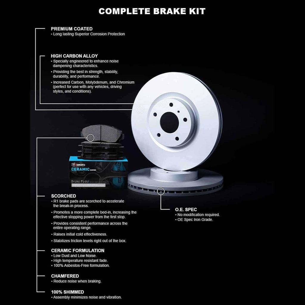 R1 Concepts Front Brakes and Rotors Kit |Front Brake Pads| Brake Rotors and Pads| Ceramic Brake Pads and Rotors |Hardware Kit|Fits 2008-2019 Pontiac Vibe; Scion Xd; Toyota Corolla, Matrix