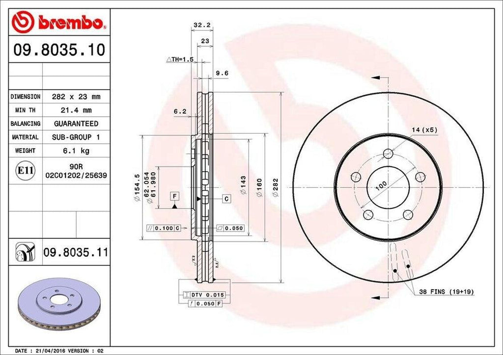 Brembo Front Disc Brake Rotor for Sebring, Stratus, Cirrus, Breeze (09.8035.11)