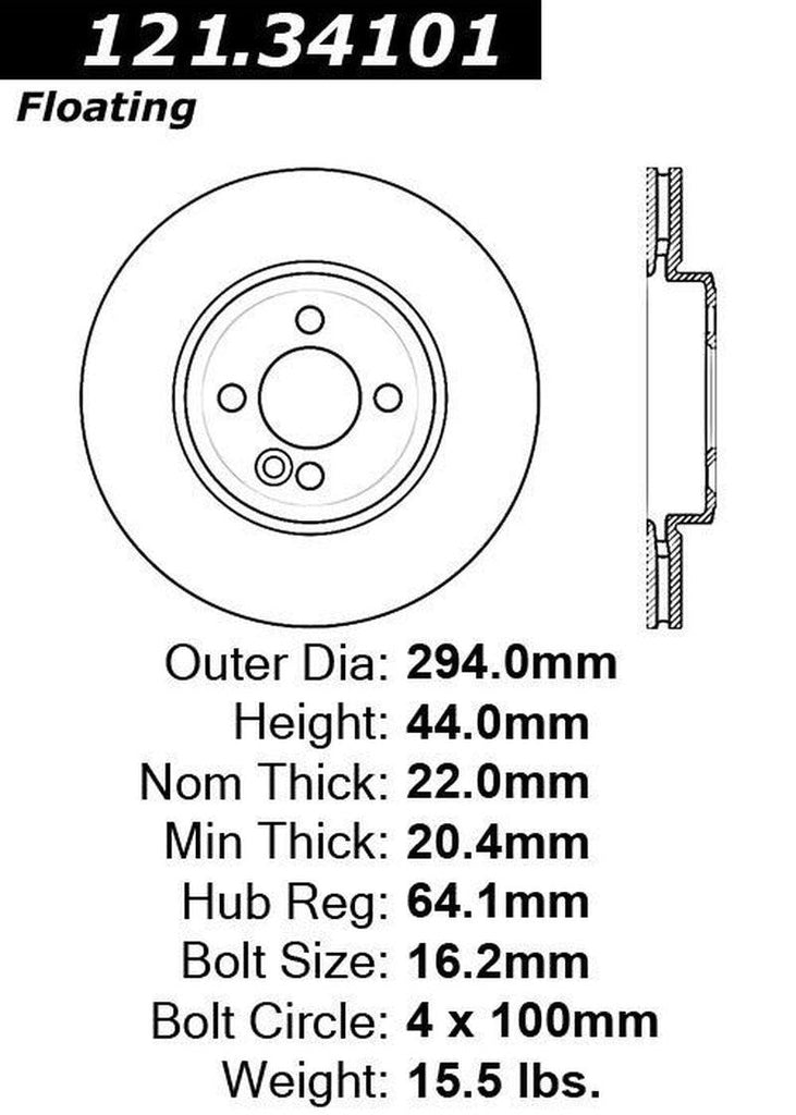 Centric Front Disc Brake Rotor for 08-15 Cooper (121.34101)