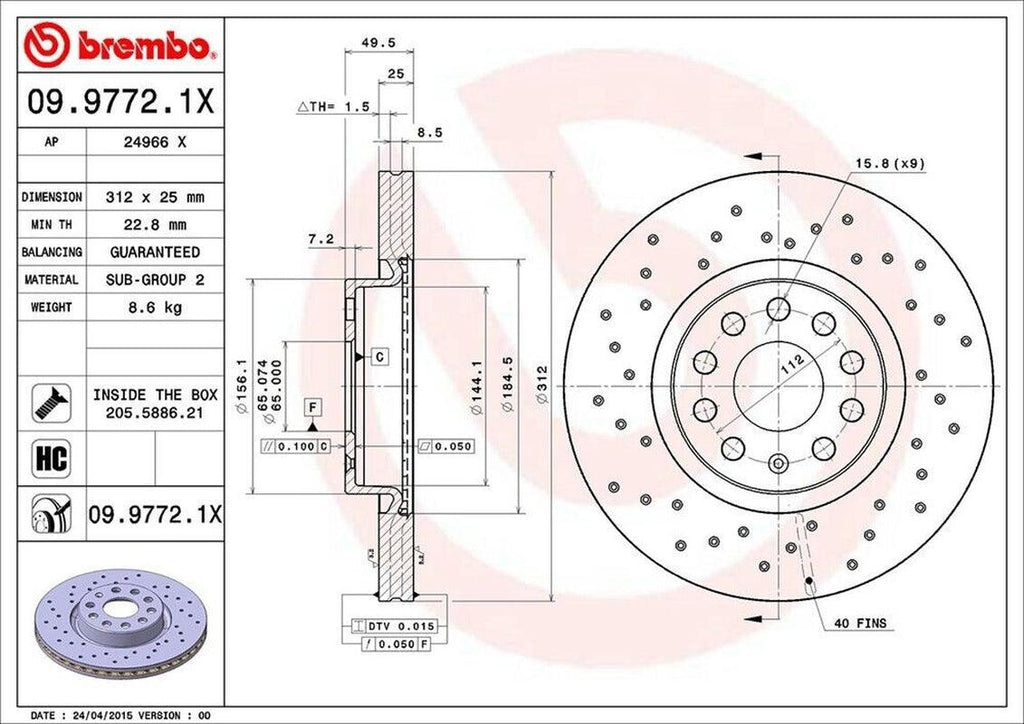 Front Disc Brake Rotor for TT Quattro, Passat, A3+More (09.9772.1X)