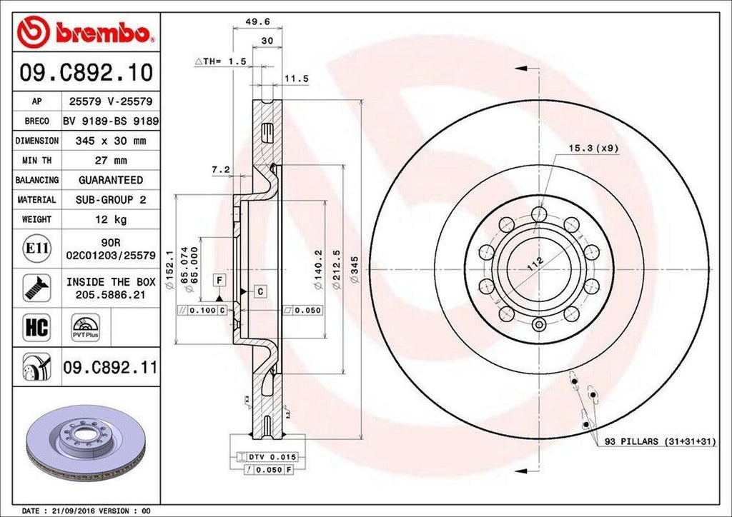 Brembo Front Disc Brake Rotor for Golf R, CC, Passat, R32 (09.C892.11)
