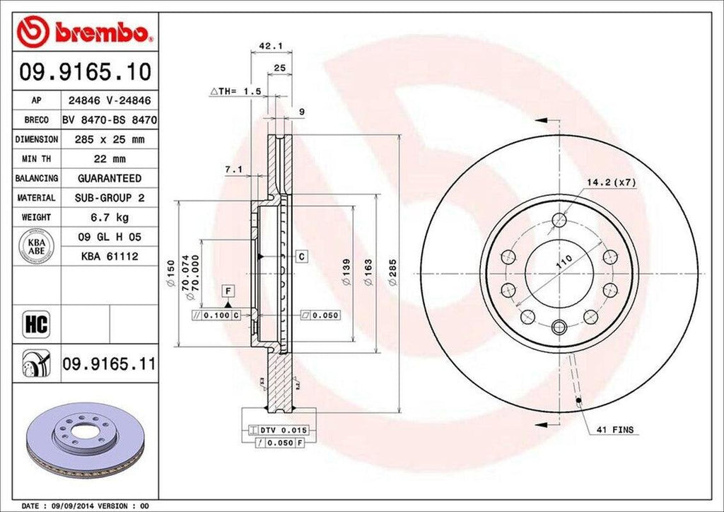 Brembo Front Disc Brake Rotor for 9-3, 9-3X (09.9165.11)