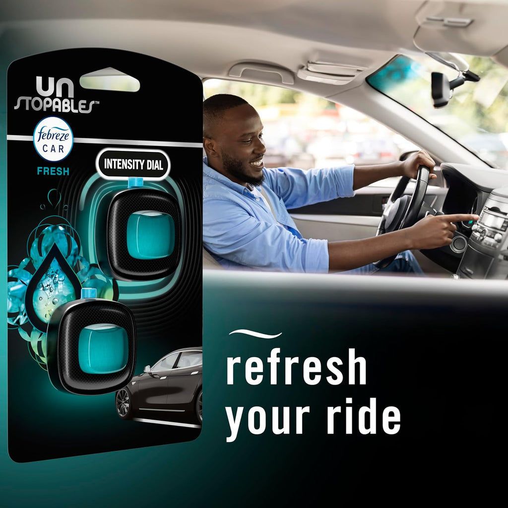 Febreze Unstopables Car Odor-Fighting Car Freshener Vent Clip Fresh Scent, .07 oz. Car Vent Clip, Pack of 4 (Packaging may vary)