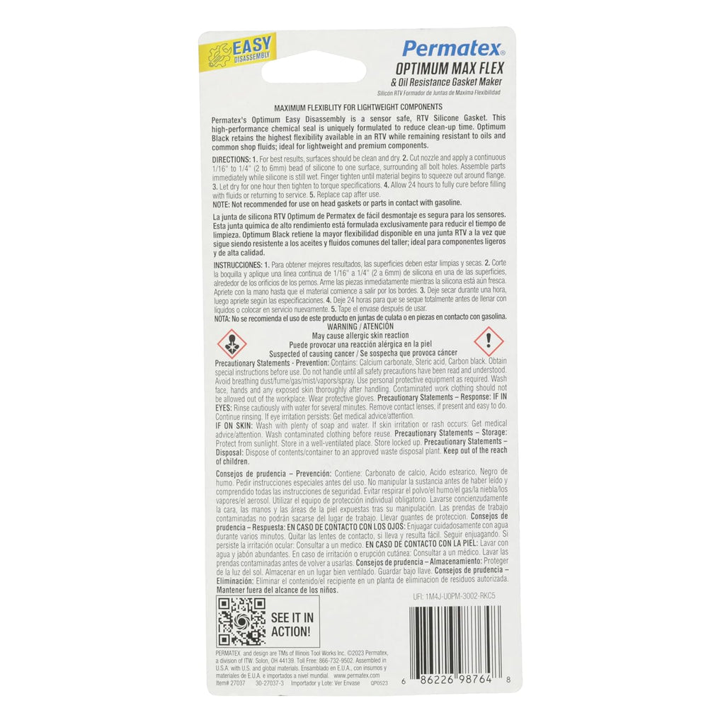 Permatex 82180 Ultra Black Maximum Oil Resistance RTV Silicone Gasket Maker, Sensor Safe And Non-Corrosive, For High Flex And Oil Resistant Applications 3 oz