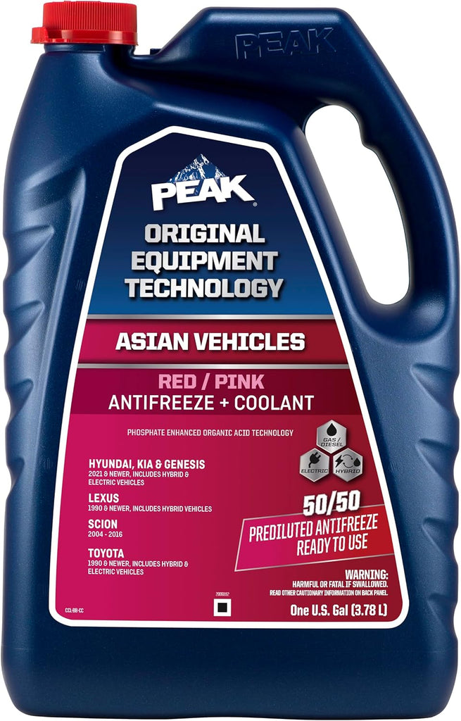PEAK OET Extended Life Red/Pink 50/50 Prediluted Antifreeze/Coolant for Asian Vehicles, 1 Gal. (Pack of 2)