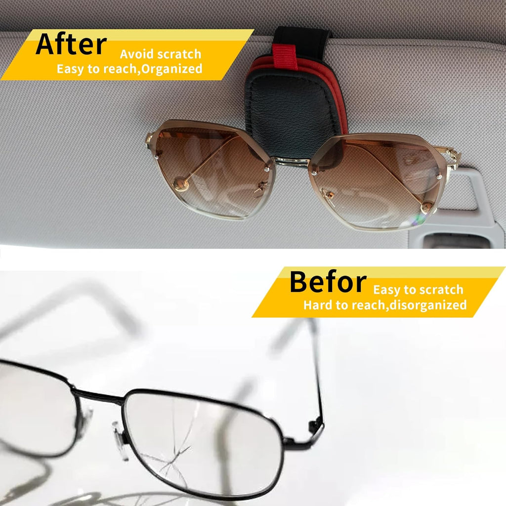 Yuoyar 2 Packs Sunglasses Holders for Car Visor - Magnetic Leather Sunglasses Holder and Ticket Card Clip - Car Visor Accessories (Black)