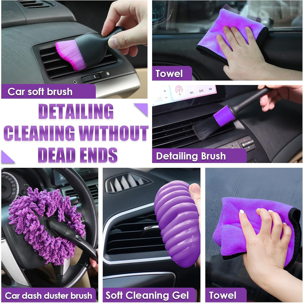 Viewsun 17pcs Car Cleaning Kit, Pink Car Interior Detailing Kit with High Power Handheld Vacuum, Detailing Brush Set, Windshield Cleaner, Cleaning Gel, Complete Auto Accessories for Women Gift