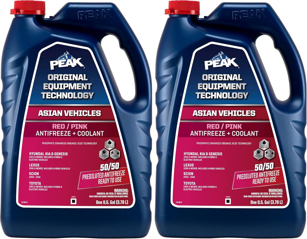 PEAK OET Extended Life Red/Pink 50/50 Prediluted Antifreeze/Coolant for Asian Vehicles, 1 Gal. (Pack of 2)
