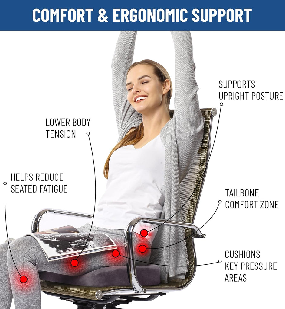 Everlasting Comfort Doctor Recommended Memory Foam Seat Cushion for Office Chairs & Car Seat - Ergonomic Office Desk Accessories for Tailbone Pain Relief, Sciatica & Back Support