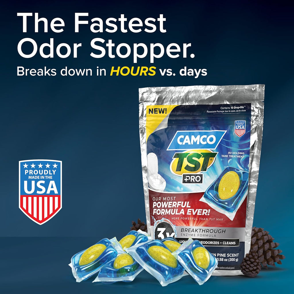 Camco TST MAX RV Toilet Treatment Drop-INs - Control Unwanted Odors & Break Down Waste and Tissue - Safe Septic Tank Treatment - Orange Scent, 30-Pack (41183)