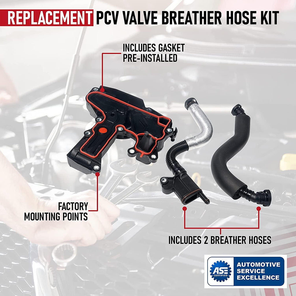 PCV Crankcase Vent Valve Breather Hose Kit - Compatible with Audi & Volkswagen Vehicles - 2.0L Turbo A3 8P, A5 B8, Q5, Golf GTI MK5, MK6, Jetta, Tiguan - Replaces 06H103495AH, 06H103495AC, 06H103495E