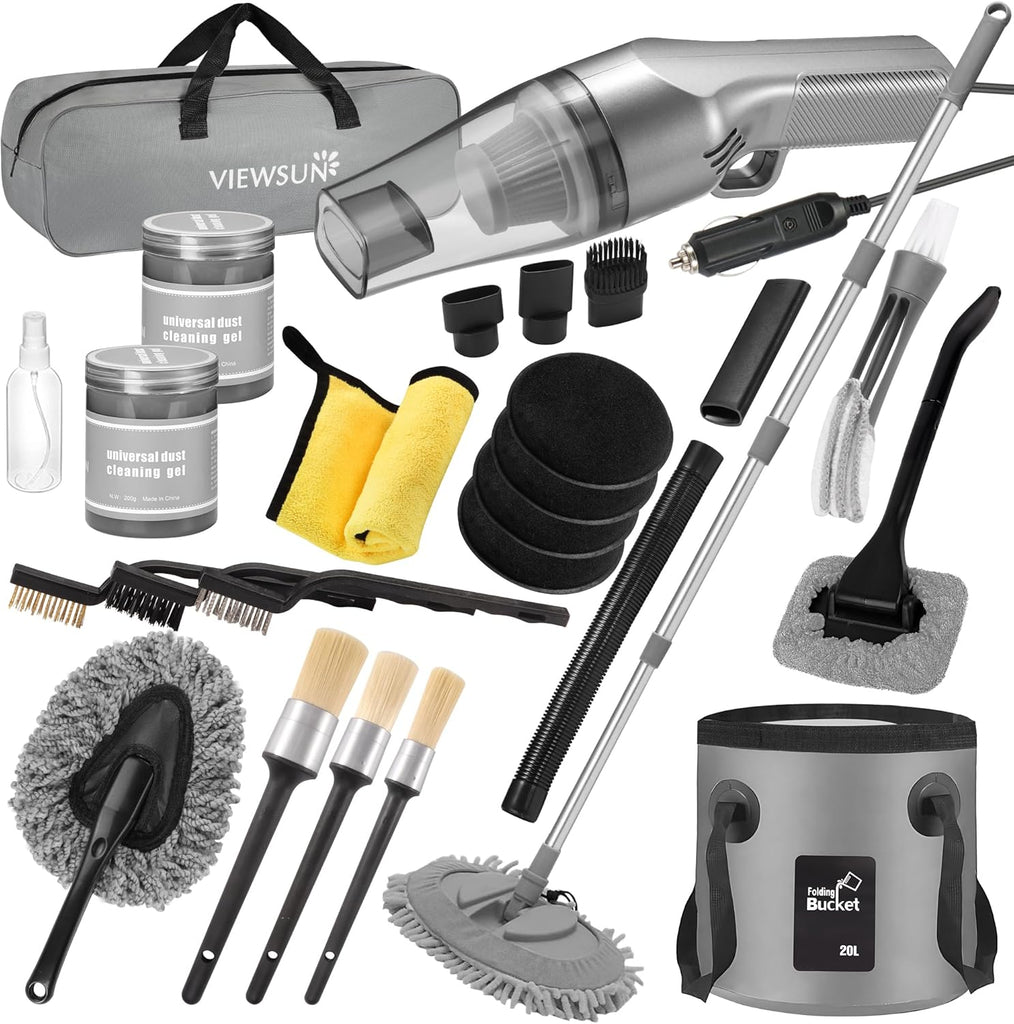Viewsun 17pcs Car Cleaning Kit, Pink Car Interior Detailing Kit with High Power Handheld Vacuum, Detailing Brush Set, Windshield Cleaner, Cleaning Gel, Complete Auto Accessories for Women Gift