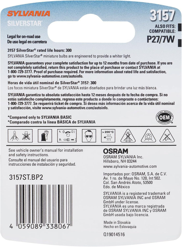 SYLVANIA - 3157  3157ST.BP2 SilverStar Mini Bulb - Brighter and Whiter Light, Ideal for Daytime Running Lights (DRL) and Back-Up/Reverse Lights (Contains 2 Bulbs)