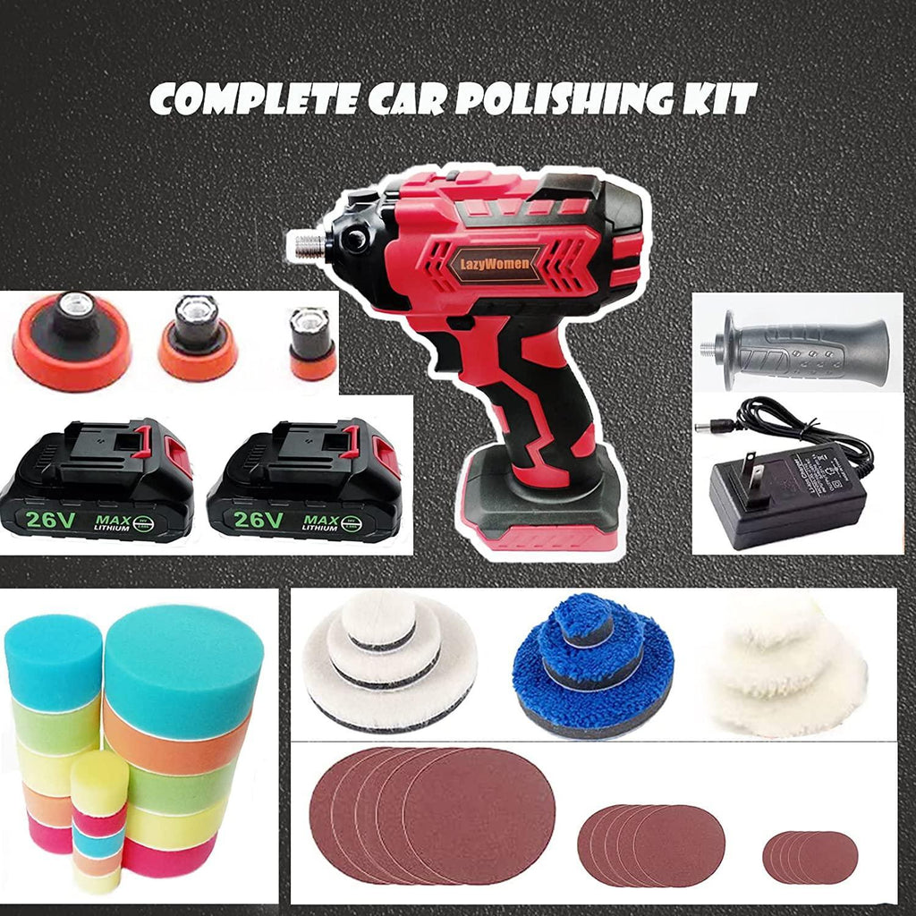 LazyWomen Car Cordless Buffer Polisher Kit, 27pcs Car Detailing Kit with 2 X 2.0ah Li-Ion Batteries, for Buffer for Car Detailing & Car Polishing & Car Scratch Repairing & Appliance Ceramic (red)