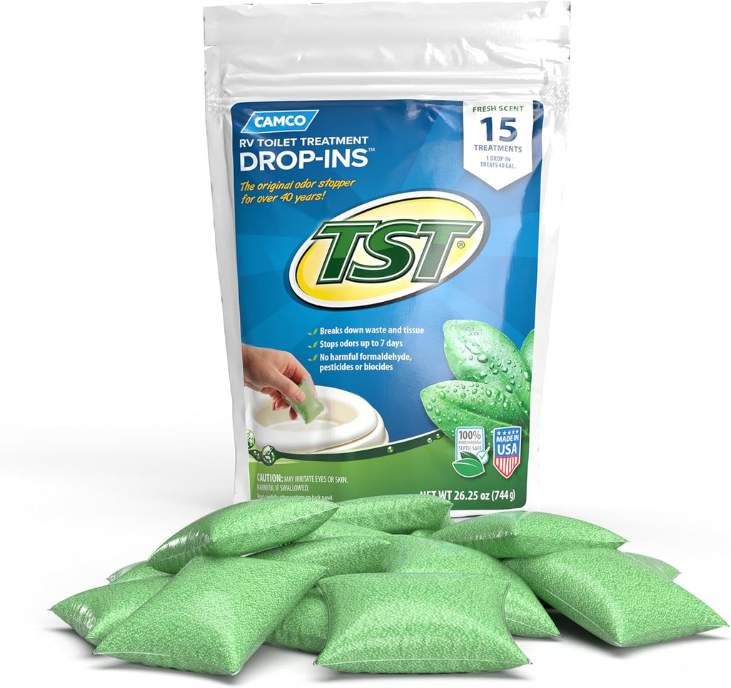 Camco TST MAX RV Toilet Treatment Drop-INs - Control Unwanted Odors & Break Down Waste and Tissue - Safe Septic Tank Treatment - Orange Scent, 30-Pack (41183)