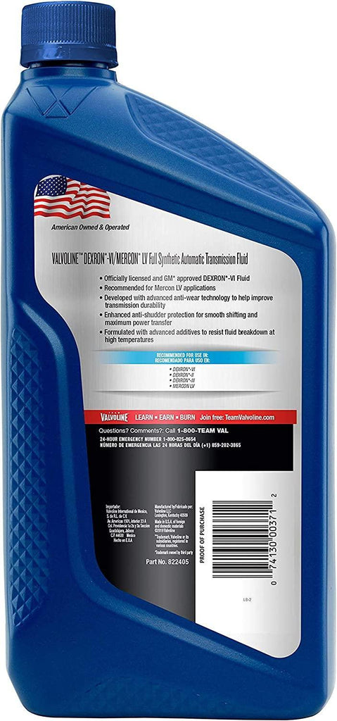 Valvoline DEXRON 822405-6PK VI/MERCON LV (ATF) Full Synthetic Automatic Transmission Fluid 1 QT, Case of 6