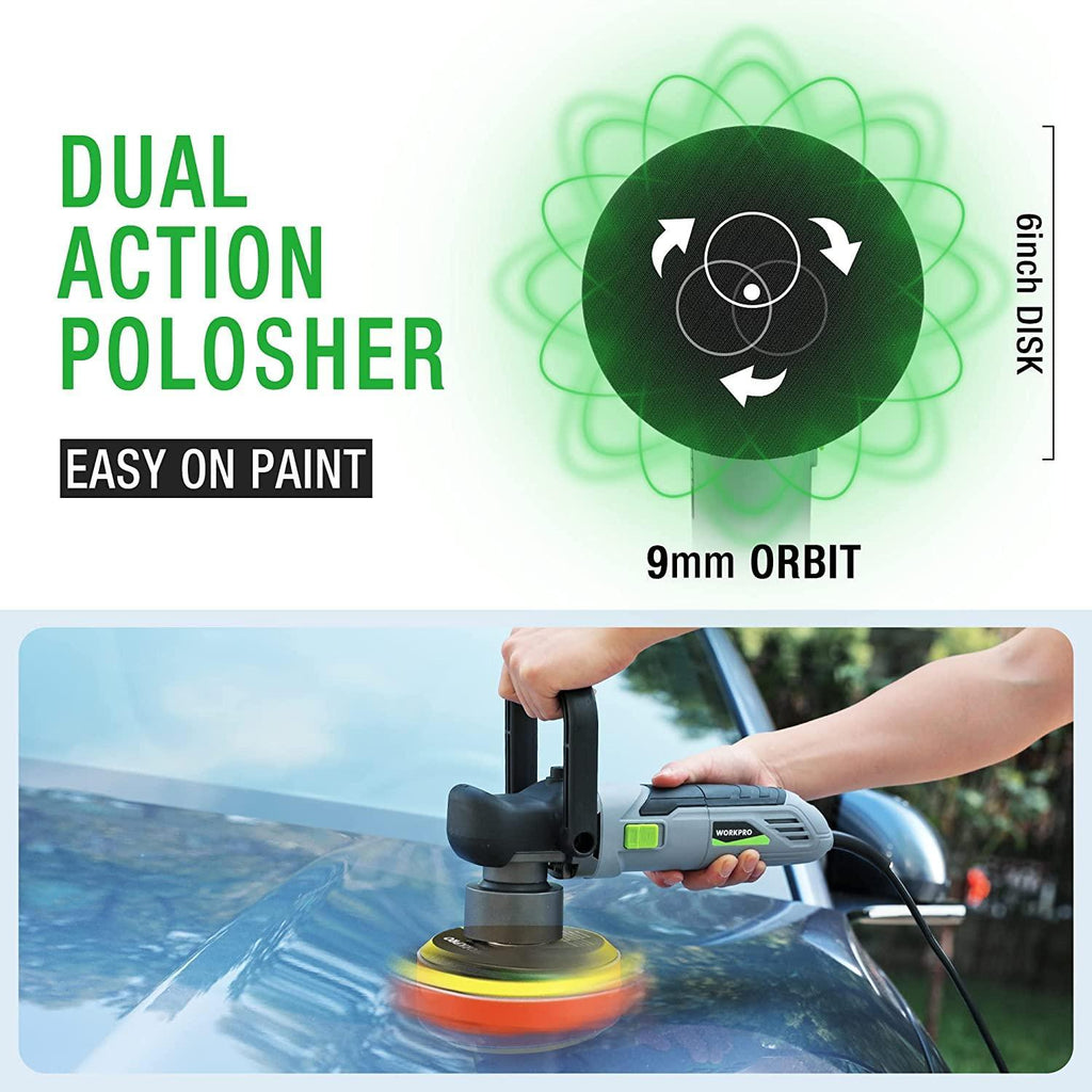 WORKPRO Car Buffer Polisher Kit, 6400RPM 6 Inch Dual Action Polisher with 6 Variable Speeds, 7A Orbital Buffer Polisher, Orbital Buffer Polisher for Car Detailing, Waxing, Scratch Removing
