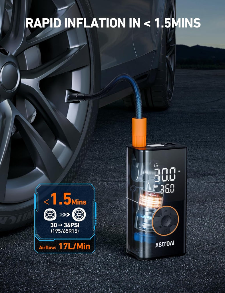 AstroAI L7 Tire Inflator Portable Air Compressor Cordless Mini Bike Pump with Digital Dual Values Display, 150 PSI Car Tires Air Pump with LED Lights&Pressure Gauge for Auto, Motorcycles, Bikes, Balls