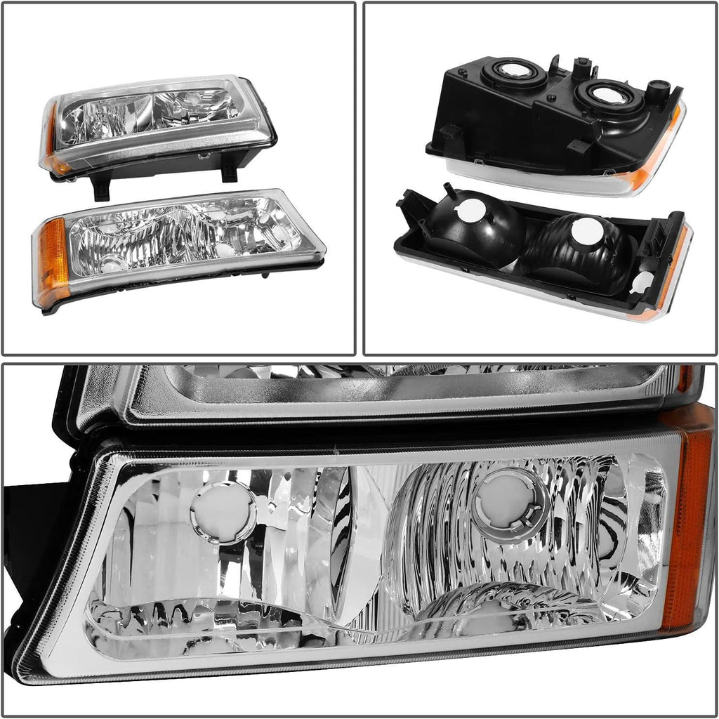 DNA MOTORING HL-OH-CS03-4P-CH-AM Chrome Amber Headlights Compatible with 2003-2006 Chevy Silverado / Avalanche